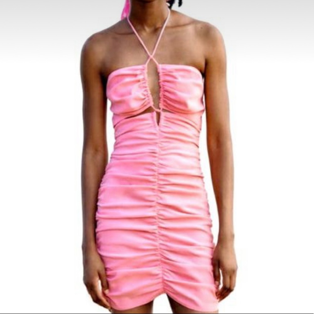 Zara Pink Ruched Cut-out Dress with Halter Ties Size Medium